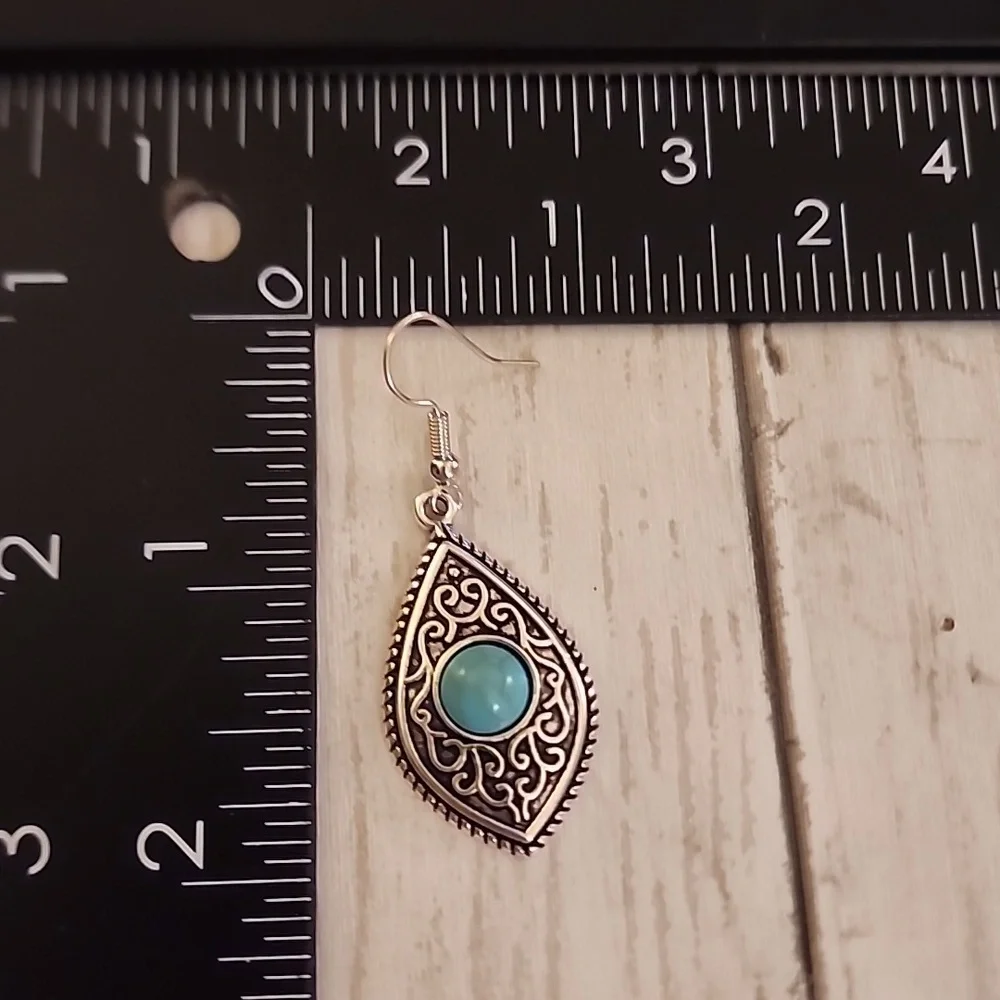 SOUTHWEST Boho Style  Simulated Turquoise Tribal Dangle Earrings 925 Post EP